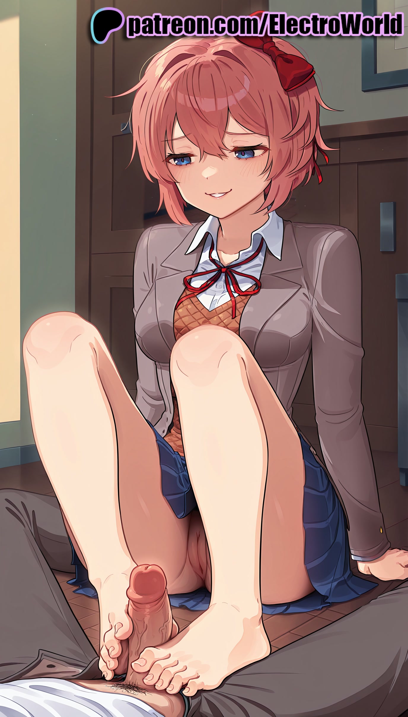 1boy, 1girls, 2025, ai generated, artist name, bangs, barefoot, blue eyes, blue skirt, blush, bow, breasts, bust, chest, clitoral hood, clitoris, cock, dick, doki doki literature club, electroworld, exposed pussy, eyebrows visible through hair, feet, feet fetish, female, foot fetish, foot play, footjob, hairbow, hi res, high quality, high resolution, highres, juicy pussy, long sleeves, male, naughty face, no panties, patreon, patreon username, penis, pussy, red ribbon, ribbon, sayori (doki doki literature club), school uniform, shirt, short hair, sitting, skirt, smile, solo focus, stable diffusion, straight, tight pussy, toejob, two-footed footjob, uncensored, vagina, veiny penis, watermark