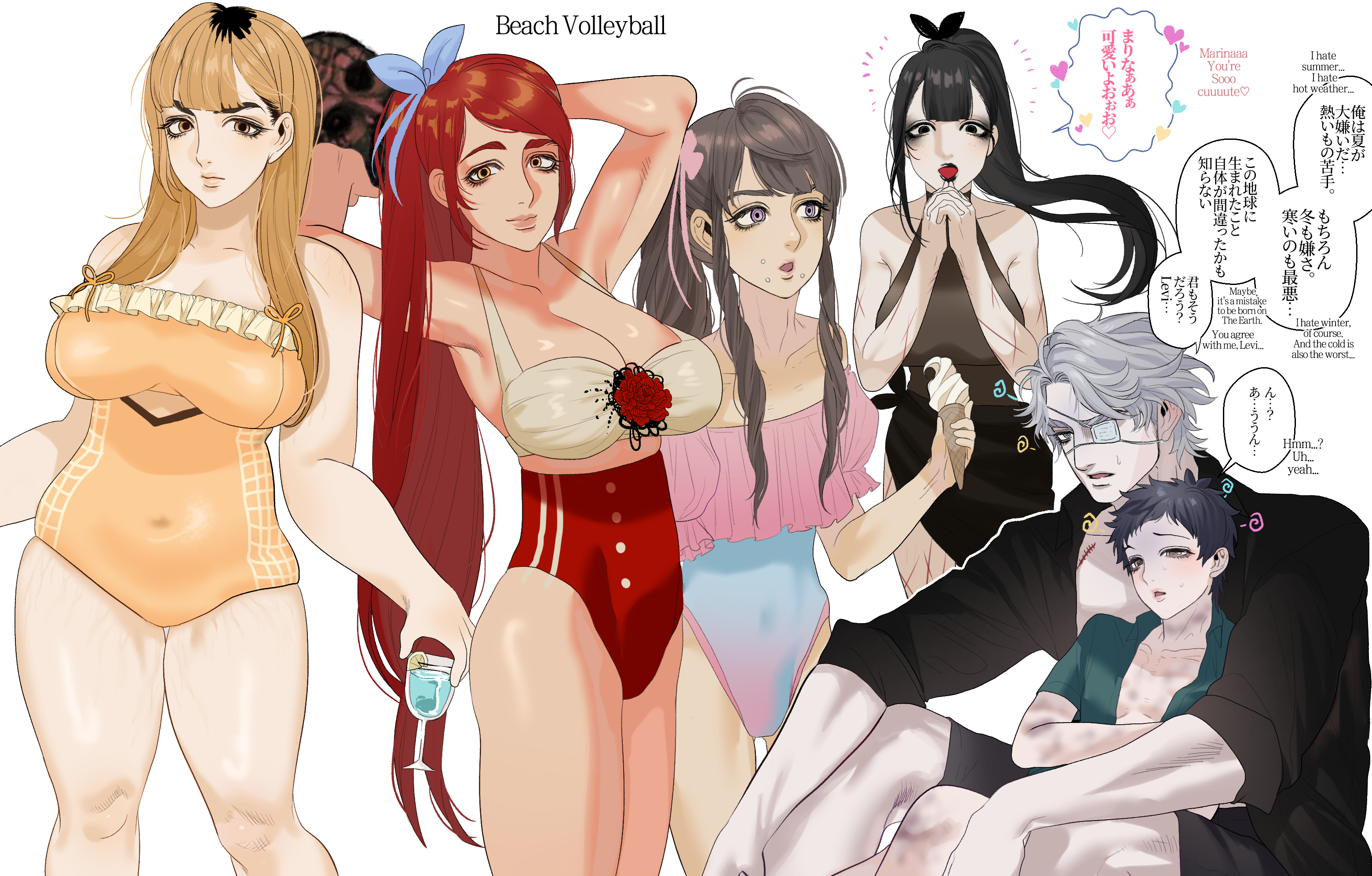 1futa, 2boys, 3girls, abella (fear and hunger), alternate costume, arms up, big breasts, bikini, black hair, blonde hair, breasts, brown hair, bulge, cleavage, curvy, daan (fear and hunger), dyed hair, english text, eriurias73, fear and hunger, fear and hunger: termina, female, futanari, goth girl, hair down, hair ribbon, hard translated, intersex, japanese text, karin (fear and hunger), levi (fear and hunger), lip piercing, long hair, low-tied long hair, male, marina (fear and hunger), monroe piercing, one-piece swimsuit, plump, ponytail, red hair, samarie (fear and hunger), scars, scars all over, slightly chubby, smile, snakebite piercing, stretch marks, swimsuit, thick thighs, trans woman, transfem, very long hair