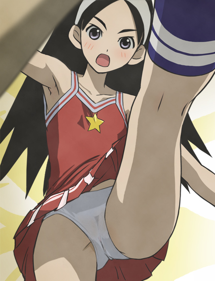 00s 1female 1girls 2000s 2009 armpits arms_up asian asian_female bare_shoulders black_hair blush blush_lines cheerleader cheerleader_outfit cheerleader_uniform female female_only gray_skin grey_eyes hairband haruyama_kazunori japanese japanese_female kitsu_chiri kneepits light-skinned_female light_skin long_hair long_socks looking_at_viewer panties pantyshot parted_bangs sayonara_zetsubou_sensei solo underwear upskirt white_panties white_underwear