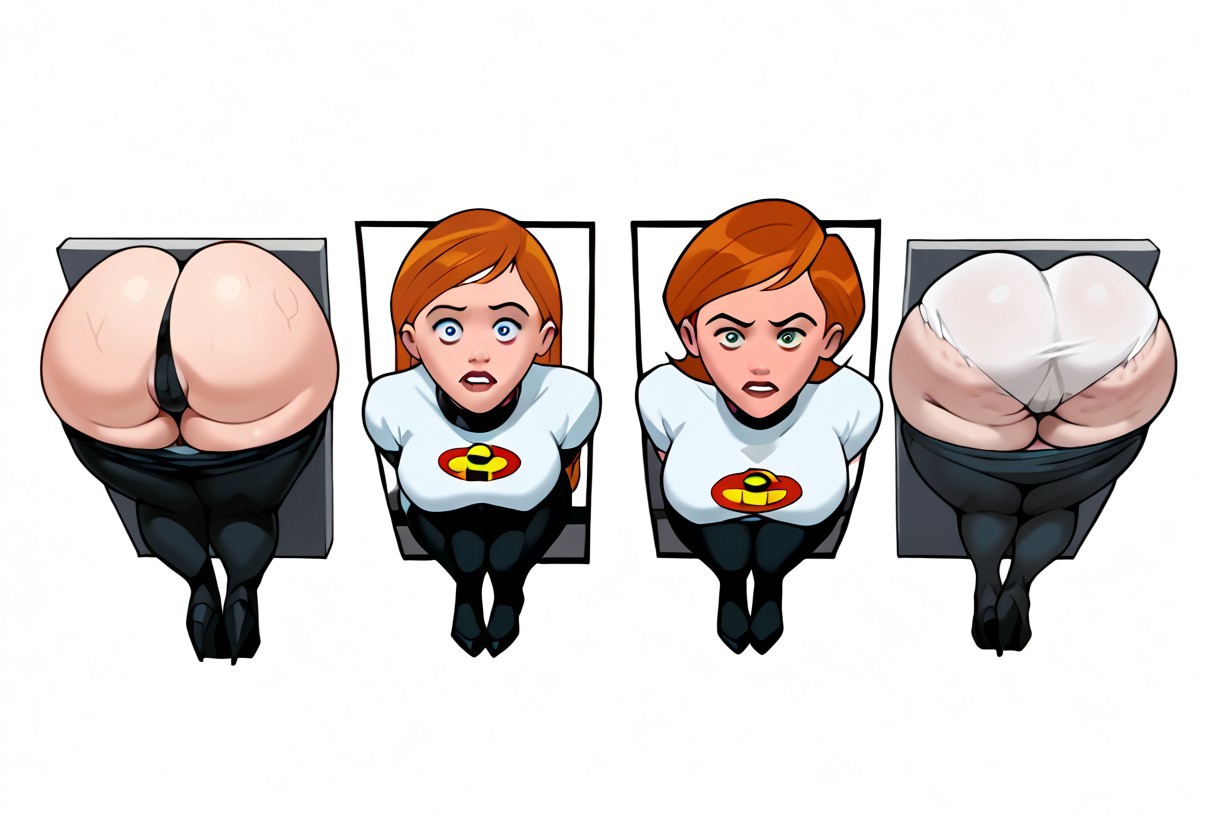 2girls, ai generated, ass, big ass, bubble ass, bubble butt, cellulite, female, female only, helen parr, hi res, human, mother and daughter, multiple females, multiple girls, side by side, stuck in wall, tagme, the incredibles, thong, violet parr