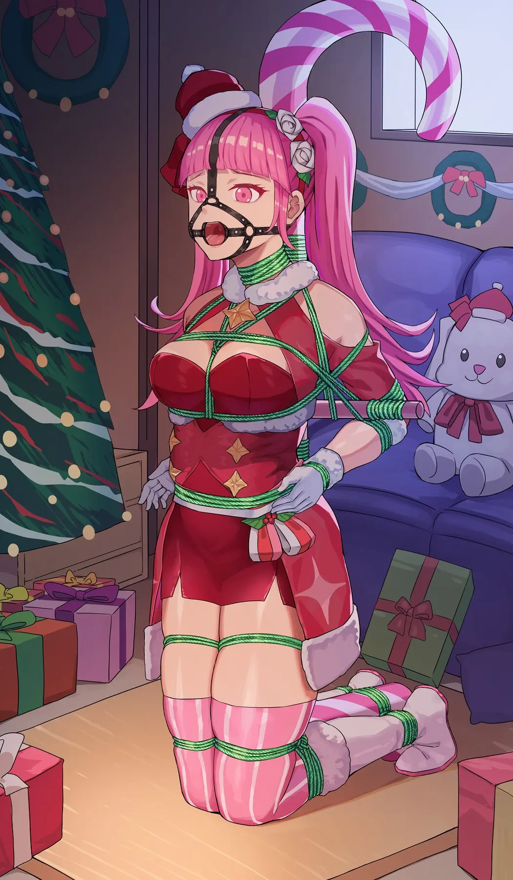 1female 1girls bondage bound bound_arms bound_legs bound_to_pole christmas christmas_outfit christmas_present christmas_tree dildo_plug_gag female fire_emblem fire_emblem:_three_houses gag gagged green_rope harness_gag harness_ring_gag helpless helpless_female helpless_girl hilda_valentine_goneril maniacholy nintendo pink_eyes pink_hair plug_gag pole ring_gag rope rope_bondage sex_slave shibari_over_clothes slave slave_girl slave_training stationary_restraints sub submissive submissive_female tied_up training unplugged