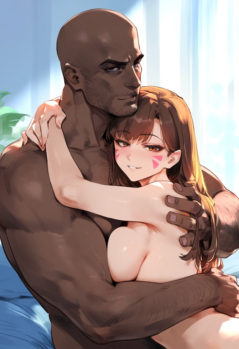 1boy 1girls ai_generated arms_around_neck ass bald bangs bed blush breast_press breasts brown_eyes brown_hair buzz_cut completely_nude curvaceous curvaceous_female curvaceous_figure curvy curvy_figure d.va d.va_(overwatch) dark-skinned_male dark_skin facepaint facial_hair facial_mark female female female_focus gamer_girl groping hana_song hug indoors interracial large_breasts long_hair looking_at_viewer male manly muscle muscular_male nakatori nude on_bed overwatch overwatch_2 parted_lips smile straight tattoo uncensored very_dark_skin voluptuous voluptuous_female whisker_markings