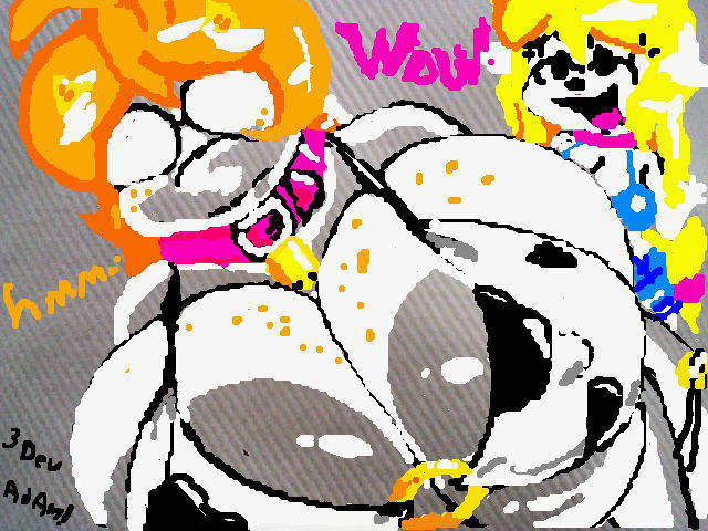 2010 2d_(artwork) bikini bikini_top blonde_hair blue_bikini_top bovid bovine canine canis chooy64 collar cow_print_bikini cowbell dolly_(chooy64) glasses huge_breasts humanoid orange_hair original_characters tania_(chooy64) text trademark