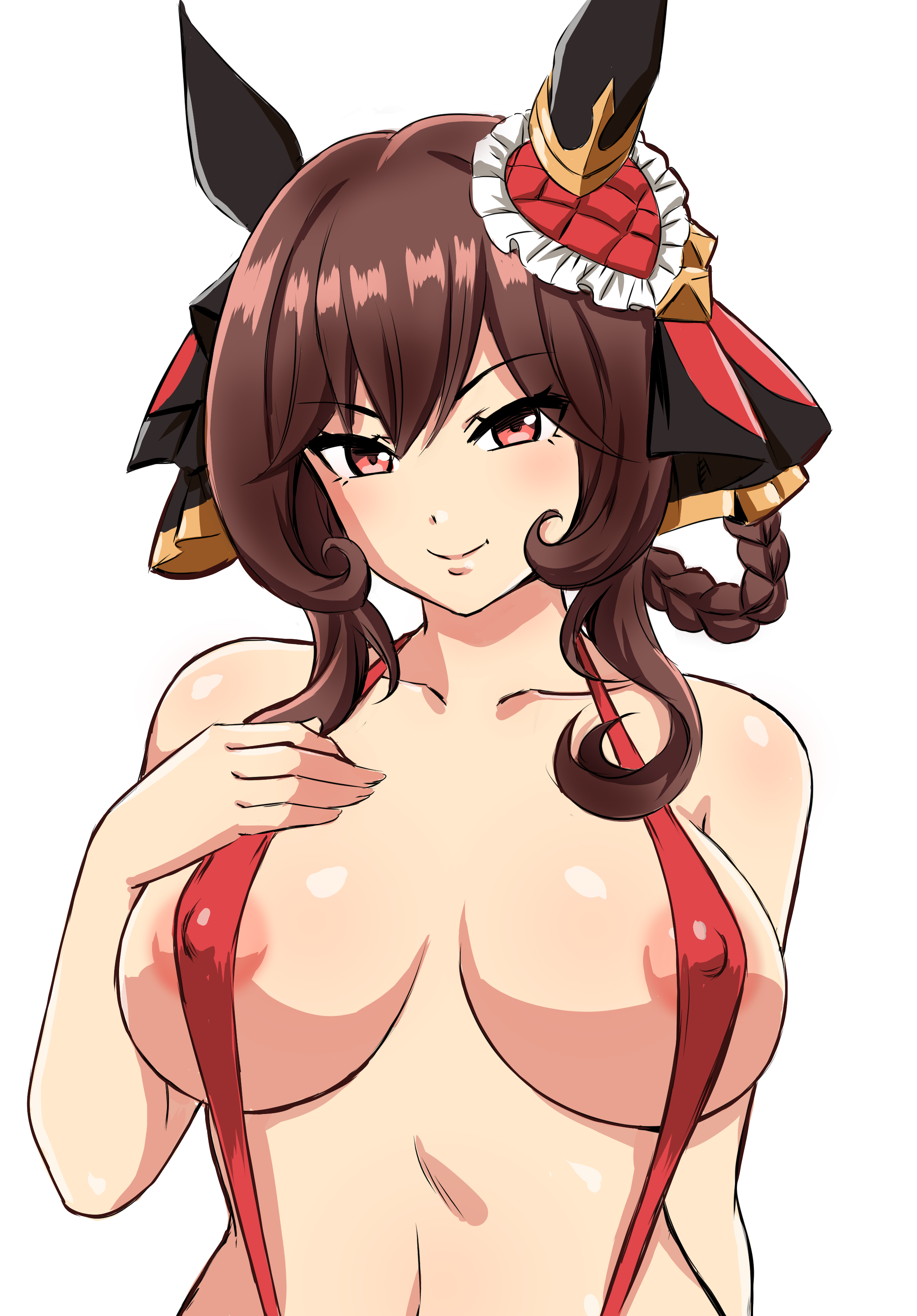1girls, box wonderland, breasts, brown hair, cygames, female, female only, gentildonna (umamusume), horse girl, light skin, light-skinned female, nipples, sling bikini, solo, umamusume, umamusume pretty derby