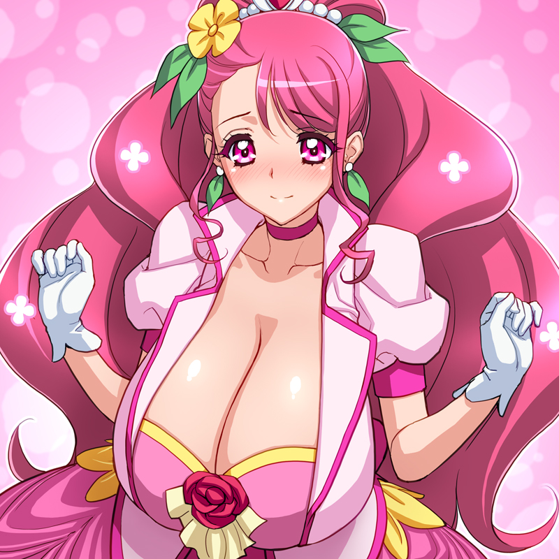 1girls big_boobs big_breasts big_tits boobs breasts breasts_bigger_than_head cure_grace female hanadera_nodoka healin'_good_precure magaki_ryouta magical_girl only_female pink_background pink_hair pink_theme precure pretty_cure shiny smile solo tits