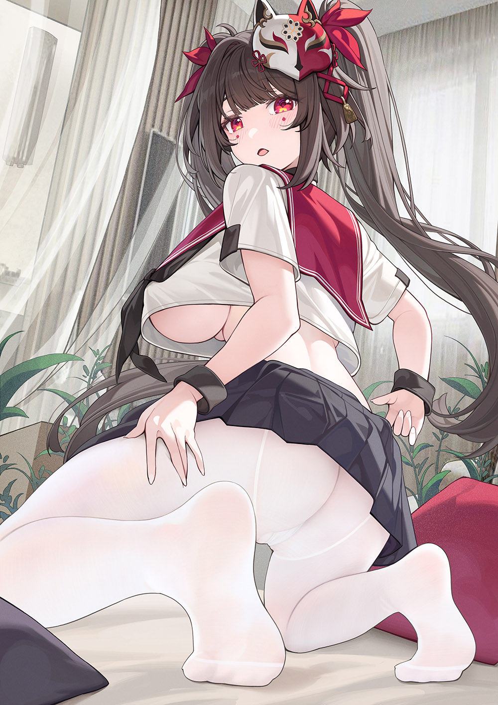 alternate_costume ass black_hair black_skirt blush breasts brown_hair catsmoon female fox_mask from_behind highres honkai:_star_rail honkai_(series) indoors kneeling large_breasts long_hair looking_at_viewer looking_back marking_below_eyes mask mask_on_head miniskirt open_mouth pantyhose red_eyes shirt short_sleeves skirt soles solo sparkle_(honkai:_star_rail) thighs twintails white_pantyhose white_shirt