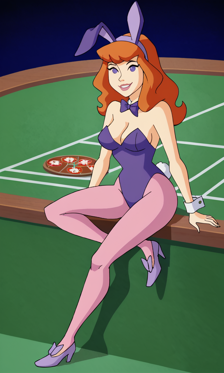 ai_generated ass bigmic145 breasts bunny_ears bunny_girl bunny_tail bunnysuit cartoon_network casino daphne_blake daphne_blake_(mystery_incorporated) pantyhose pink_pantyhose playboy_bunny red_hair scooby-doo scooby-doo!_mystery_incorporated shoes