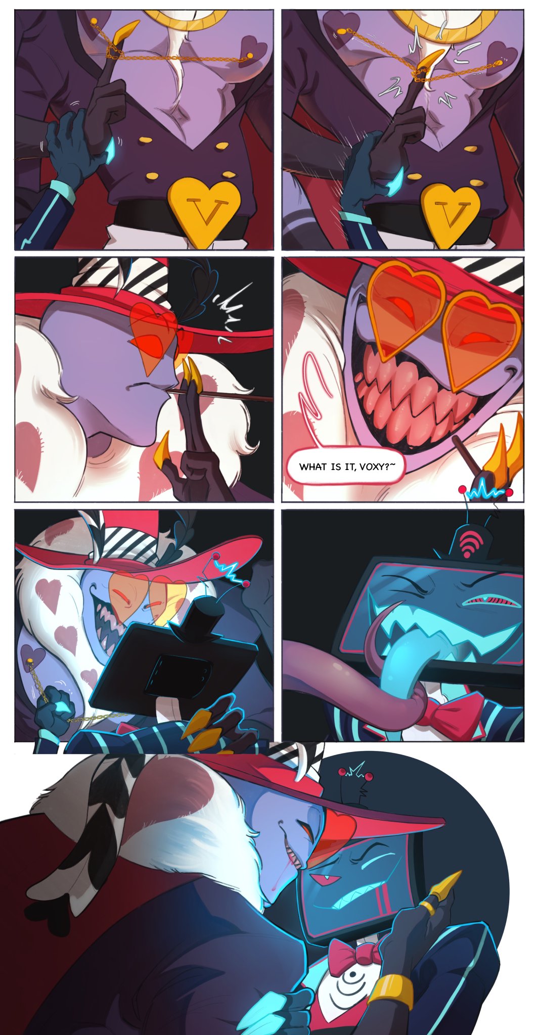 anthro anthro_bug comic drooling hazbin_hotel kissing love male/male male_only marinehusbands nipple_piercing piercing piercing_pull pimp sharp_claws sharp_teeth tongue tongue_out tv_head tv_screen valentino_(hazbin_hotel) vox_(hazbin_hotel)