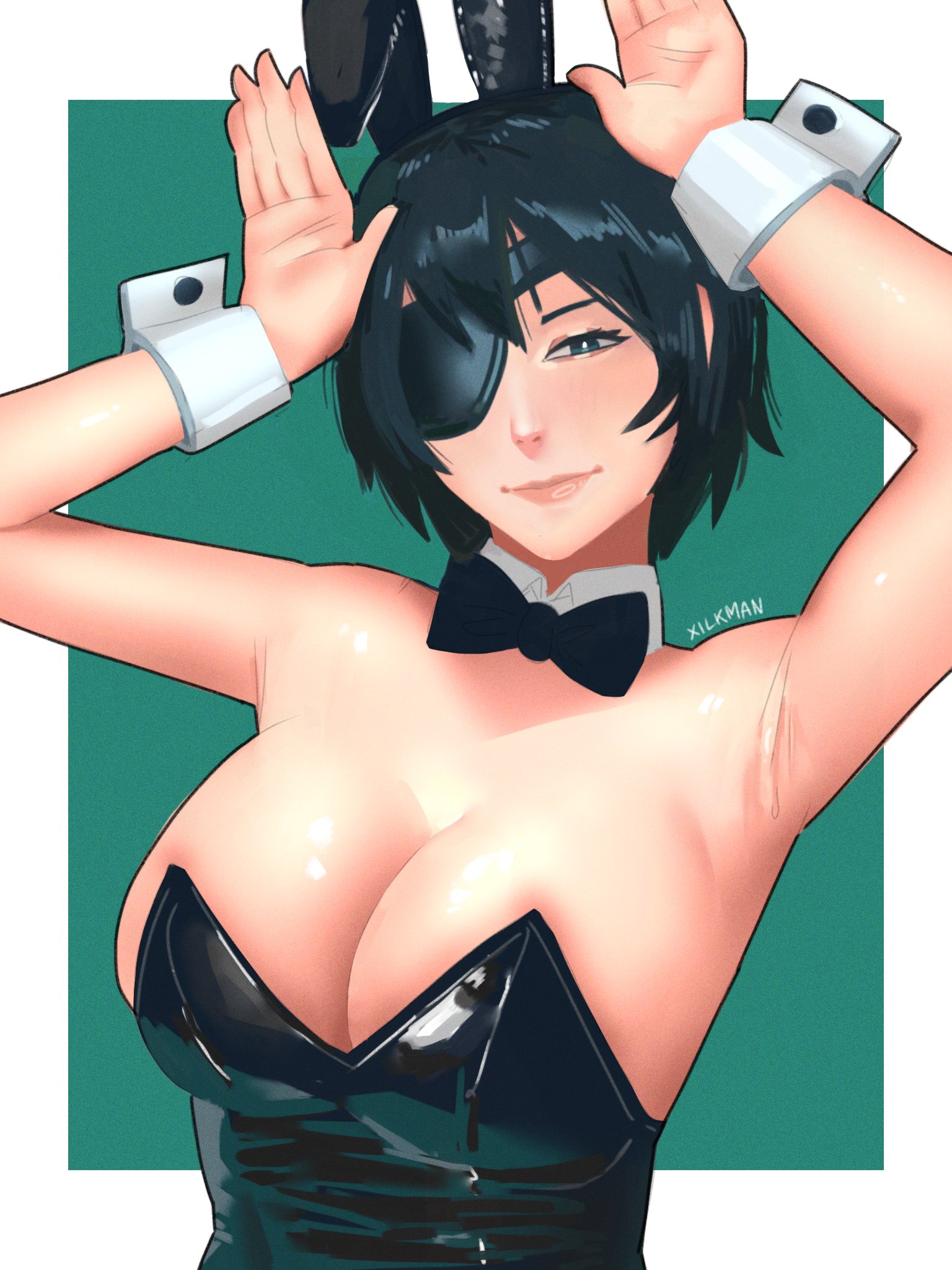 1girls, areolae, armpits, big breasts, breasts, bunny ears, bunnysuit, chainsaw man, cleavage, female, female only, fully clothed, himeno (chainsaw man), light skin, light-skinned female, narrow waist, necktie, revealing clothes, shiny clothes, tight clothing, xilkman