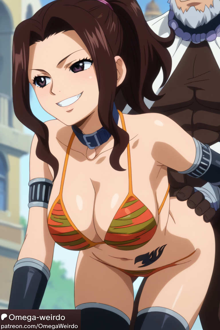 ai_generated bikini brown_hair cana_alberona collar dark_eyes doggy_style evil_grin fairy_tail patreon ponytail smile thighhighs