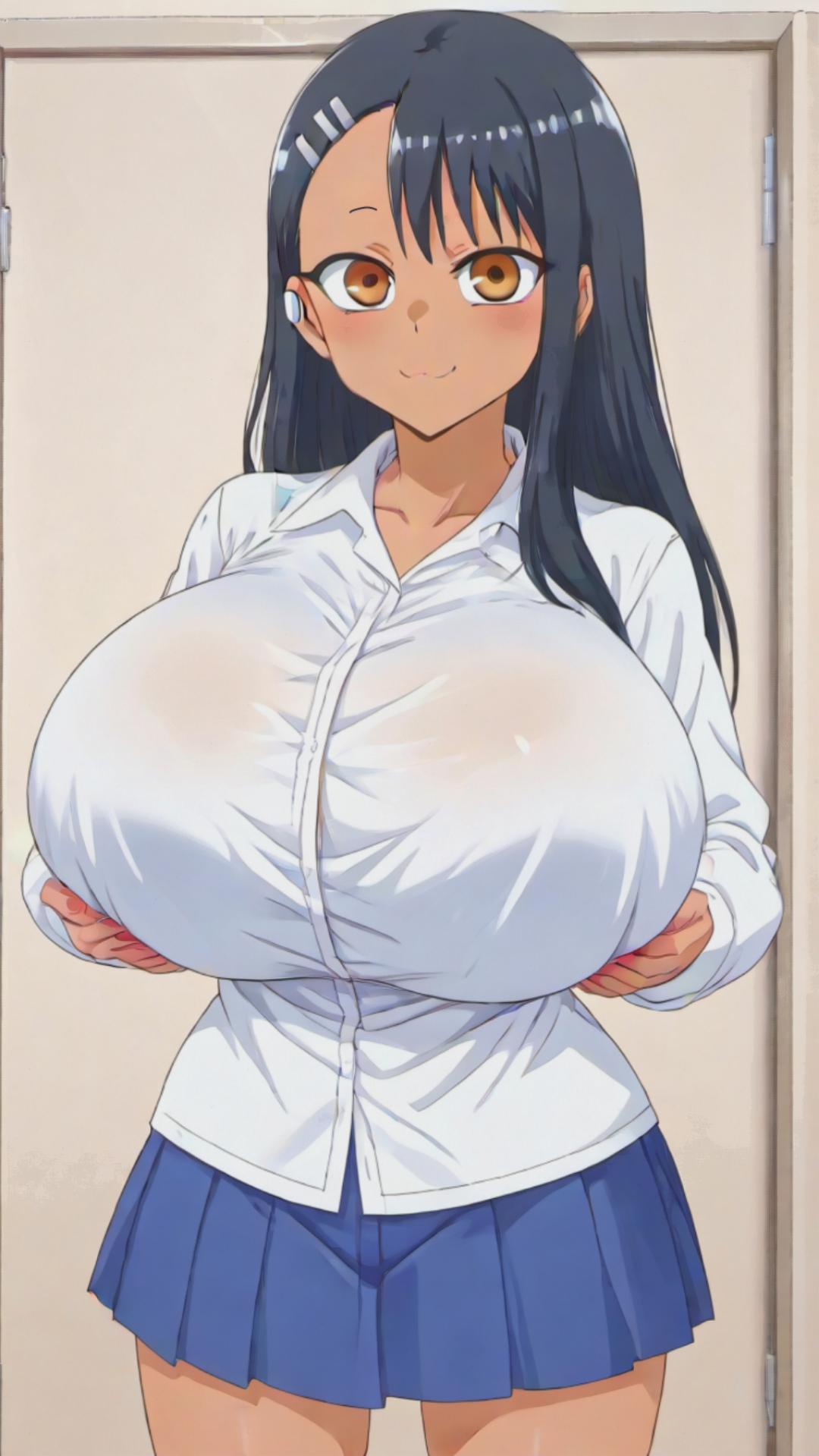 :3, 1girls, ai generated, anime style, black hair, blue skirt, blush, breast expansion, breast grab, breast growth, breast growth (enlargement), breasts, breasts bigger than head, clothing, female, hayase nagatoro, holding breast, huge breasts, looking at viewer, mischievous smile, please don't bully me, nagatoro, school uniform, solo, solo female, thick thighs, white shirt