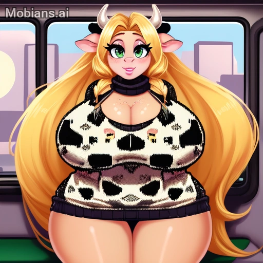 1female 1girls ai_generated and big_breasts blonde_female blonde_hair blonde_hair_female cleavage cow_horns cow_print curves curvy curvy_body curvy_female curvy_figure dan16369336 disney fair_skin female female_only freckles freckles_on_nose green_eyes green_eyes_female horns microdress mobians.ai pink_lips rapunzel rapunzel_(tangled) rosy_cheeks sweater tagme tangled thick_thighs twitter_link wide_hips yellow_hair yellow_hair_female