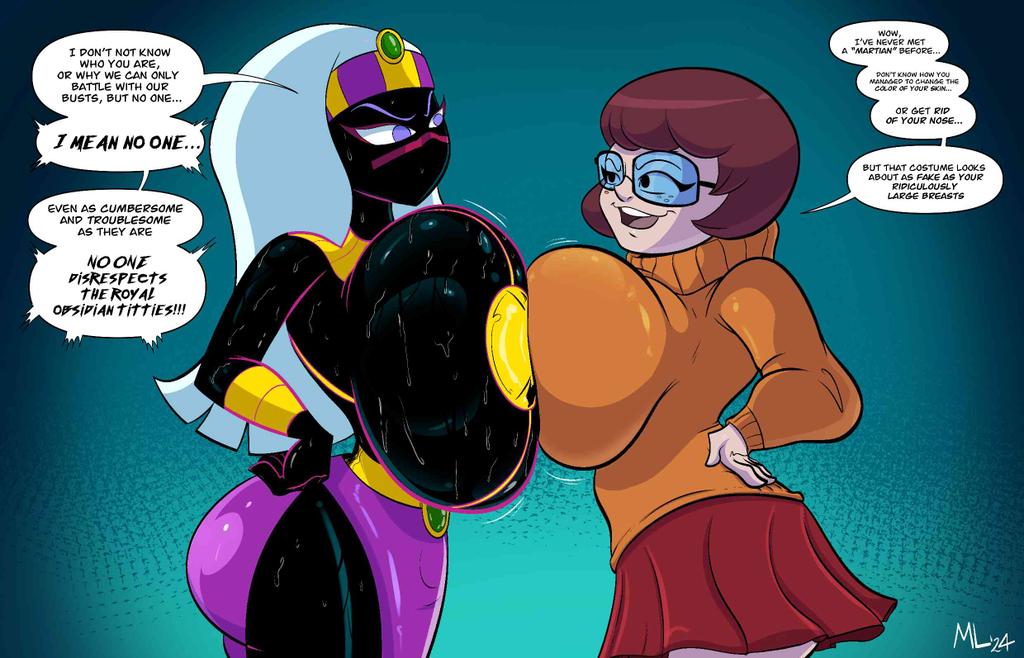 2girls, alien, alien girl, alien humanoid, ameizing lends, ameizing lewds, ass, big ass, big breasts, big thighs, black body, black-skinned female, breast expansion, breast growth, breast growth (enlargement), breast press, breasts, bust, busty, chest, crossover, curvaceous, curvy, curvy figure, dark skin, dark-skinned female, digital media (artwork), duck dodgers, enormous breasts, female, female focus, gigantic breasts, hips, hourglass figure, huge ass, huge breasts, humanoid, hyper, hyper breasts, large ass, large breasts, legs, light skin, light-skinned female, long hair, looney tunes, martian, martian (duck dodgers), massive breasts, mature, mature female, queen, queen tyr'ahnee, royalty, scooby-doo, short hair, thick, thick hips, thick legs, thick thighs, thighs, top heavy, velma dinkley, voluptuous, voluptuous female, waist, warner brothers, wide hips