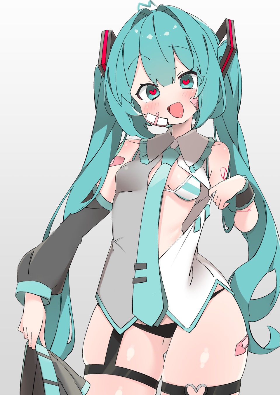 bandage bandages bandaid bandaids butt_fang hatsune_miku heart-shaped_pupils heart_eyes mind_control striped_bra taking_clothes_off thick_thighs thighs uruti_2388 vocaloid