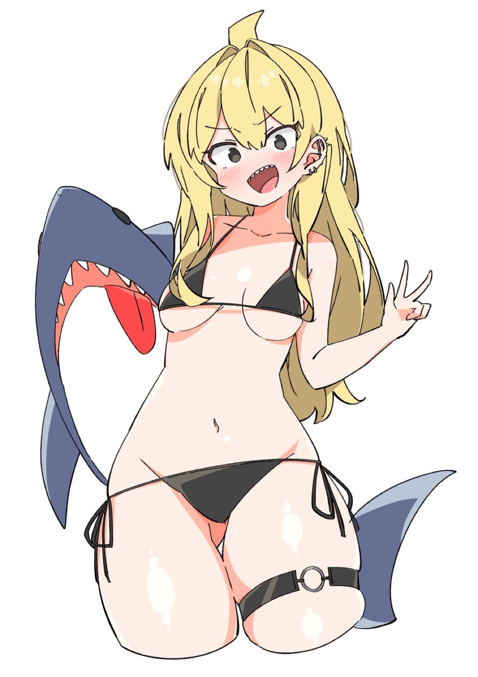 black_bikini blonde_hair breasts ear_piercing ear_piercings ear_ring earrings original original_character peace_sign shark shark_plush sharp_teeth skindentation thick_thighs thigh_strap thighs uruti_2388