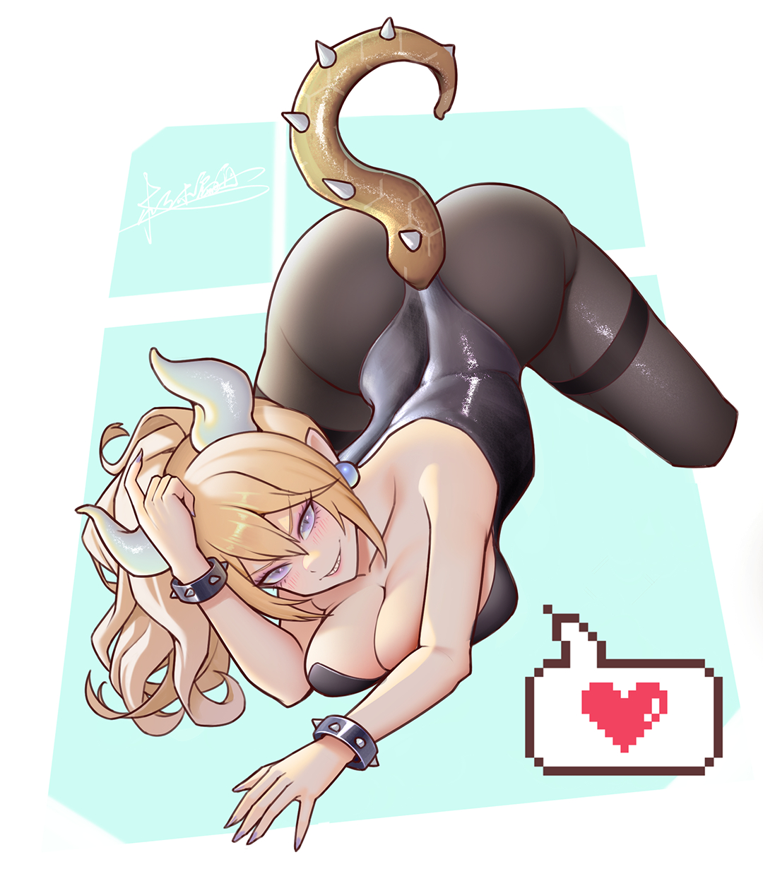 ass, blonde hair, bowsette, bunnysuit, clothed, female, mario (series), nintendo, on all fours, tagme, thick ass, xiumu pianzhou