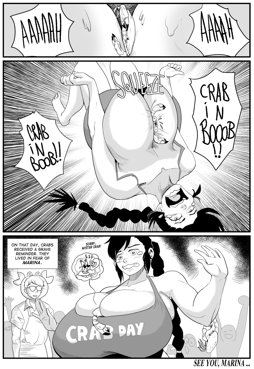 1girls between_breasts black_and_white breasts crab female harorlood huge_breasts marina_(harorlood) speech_bubble squeezing_breasts text