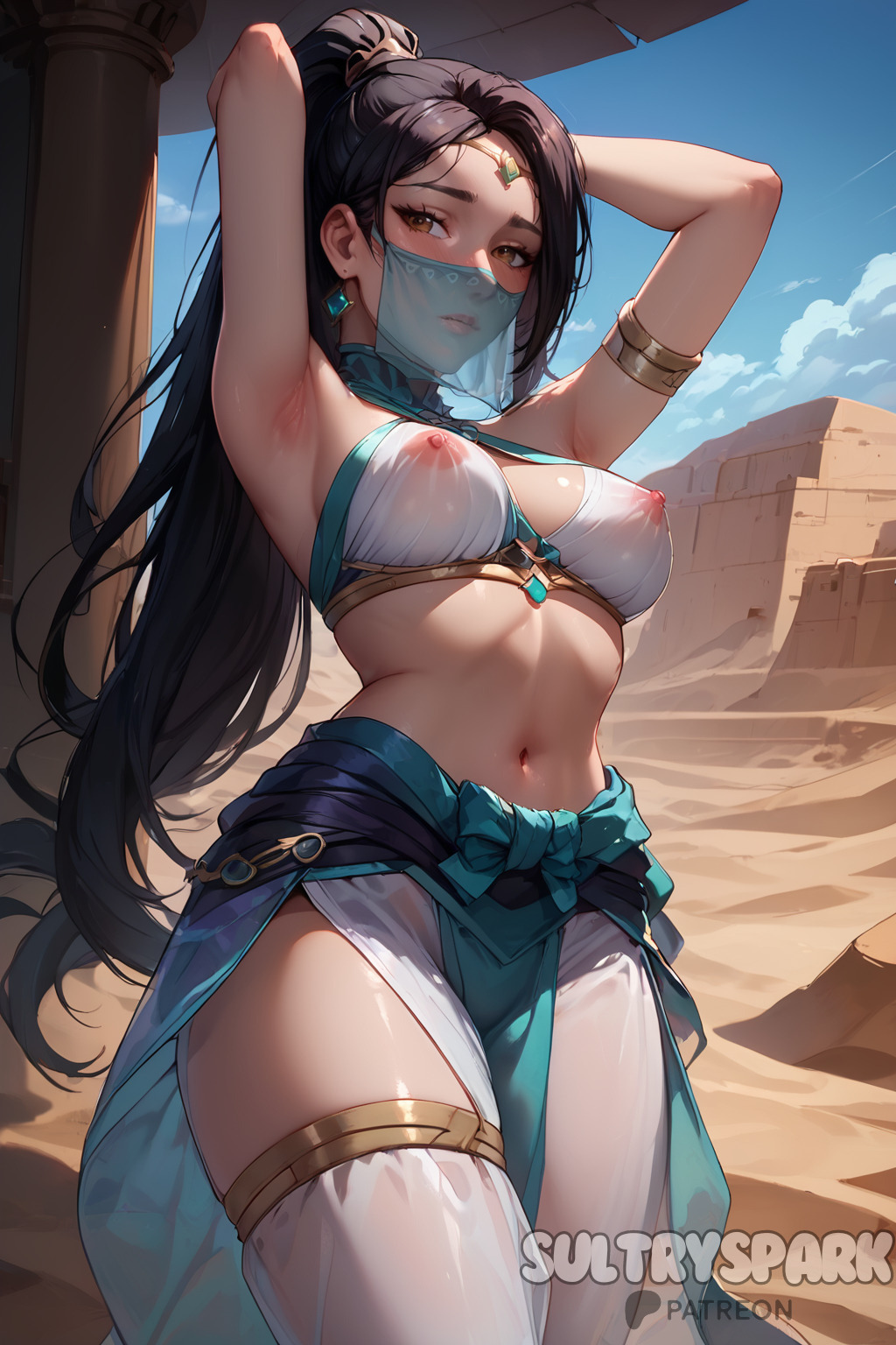 1girls, ai generated, artist name, black hair, breasts, brown eyes, character, desert, female, futarush, harem, harem girl, harem outfit, long hair, looking at viewer, medium breasts, mommy, nipples, patreon, patreon username, ponytail, riot games, sage (valorant), sand, sultryspark, valorant, video game, video games