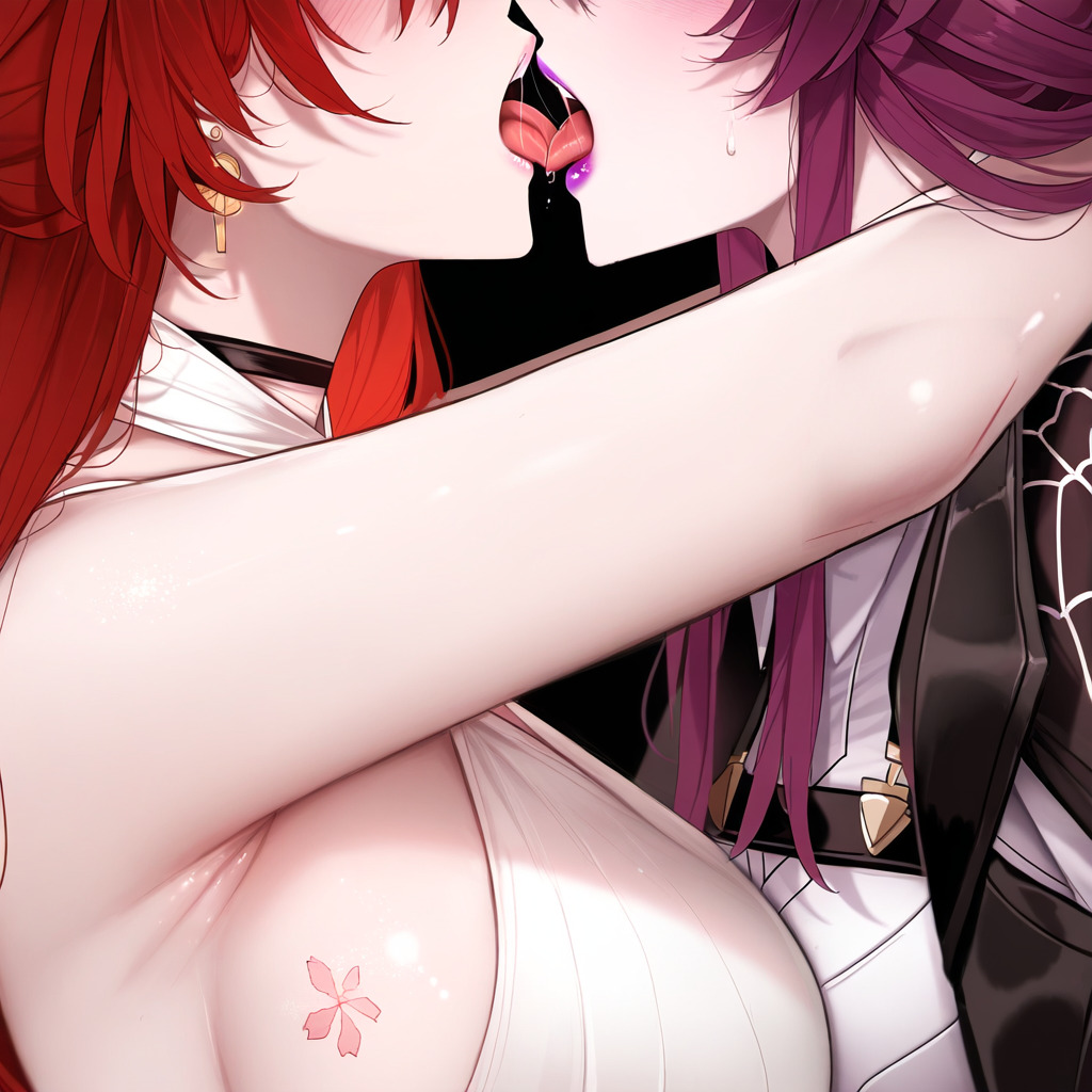 2girls, ai generated, big breasts, breasts, enemies to lovers, female, female only, himeko (honkai: star rail), honkai (series), honkai: star rail, hoyoverse, kafka (honkai: star rail), kissing, lesbian, lesbian kiss, lesbians, mommy, purple hair, red hair, saliva, yuri