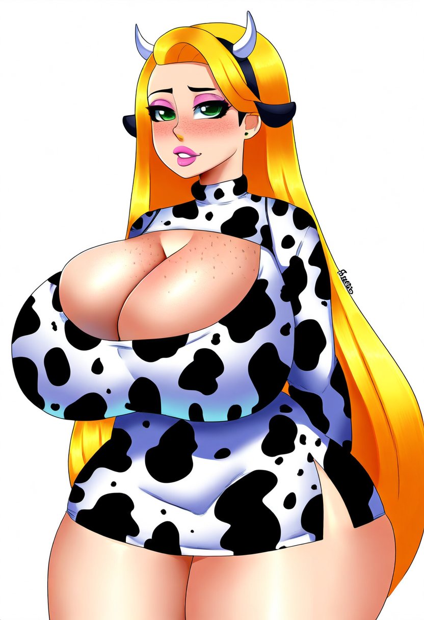 1female 1girls ai_generated and blonde_female blonde_hair blonde_hair_female cleavage cow_horns cow_print curves curvy curvy_body curvy_female curvy_figure dan16369336 disney fair_skin female female_only freckles freckles_on_nose green_eyes green_eyes_female horns huge_breasts microdress novelai pink_lips rapunzel rapunzel_(tangled) rosy_cheeks sweater tagme tangled thick_thighs twitter_link wide_hips yellow_hair yellow_hair_female