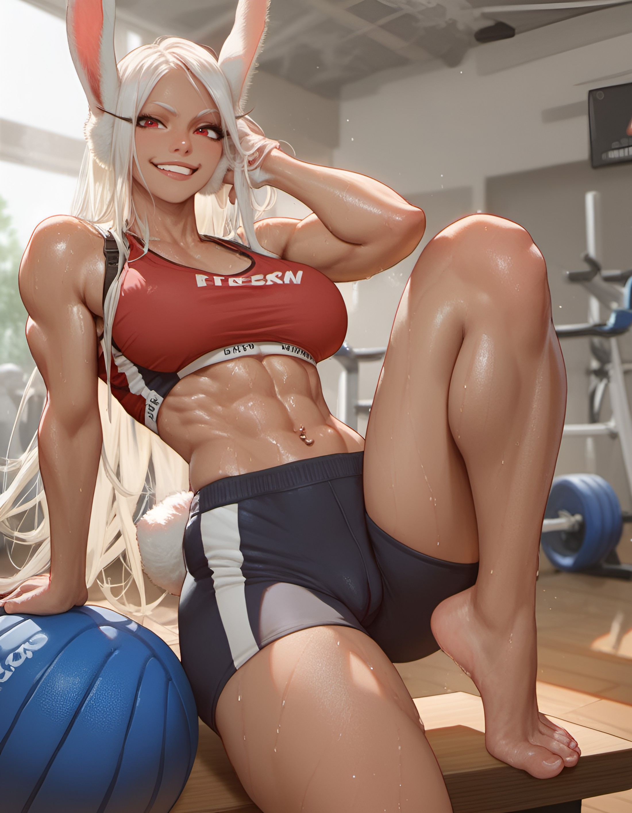ai generated, animal ears, barefoot, bunny ears, cameltoe, feet up, female, fit, fit female, gym uniform, long hair, mirko, miruko, muscular, muscular female, my hero academia, pussy, red eyes, rumi usagiyama, sport shorts, sports bra, sportswear, sweating, sweaty, theooti, white hair