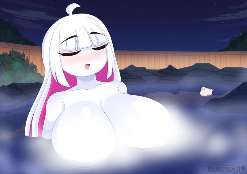 bluefrok blush duck fnf_entity friday_night_funkin friday_night_funkin_mod hot_spring mommy mommy_milkers mommy_milkies nikusa_(fnf) nikusa_(sugarratio) onsen patreon steam steam_censor white_body white_hair