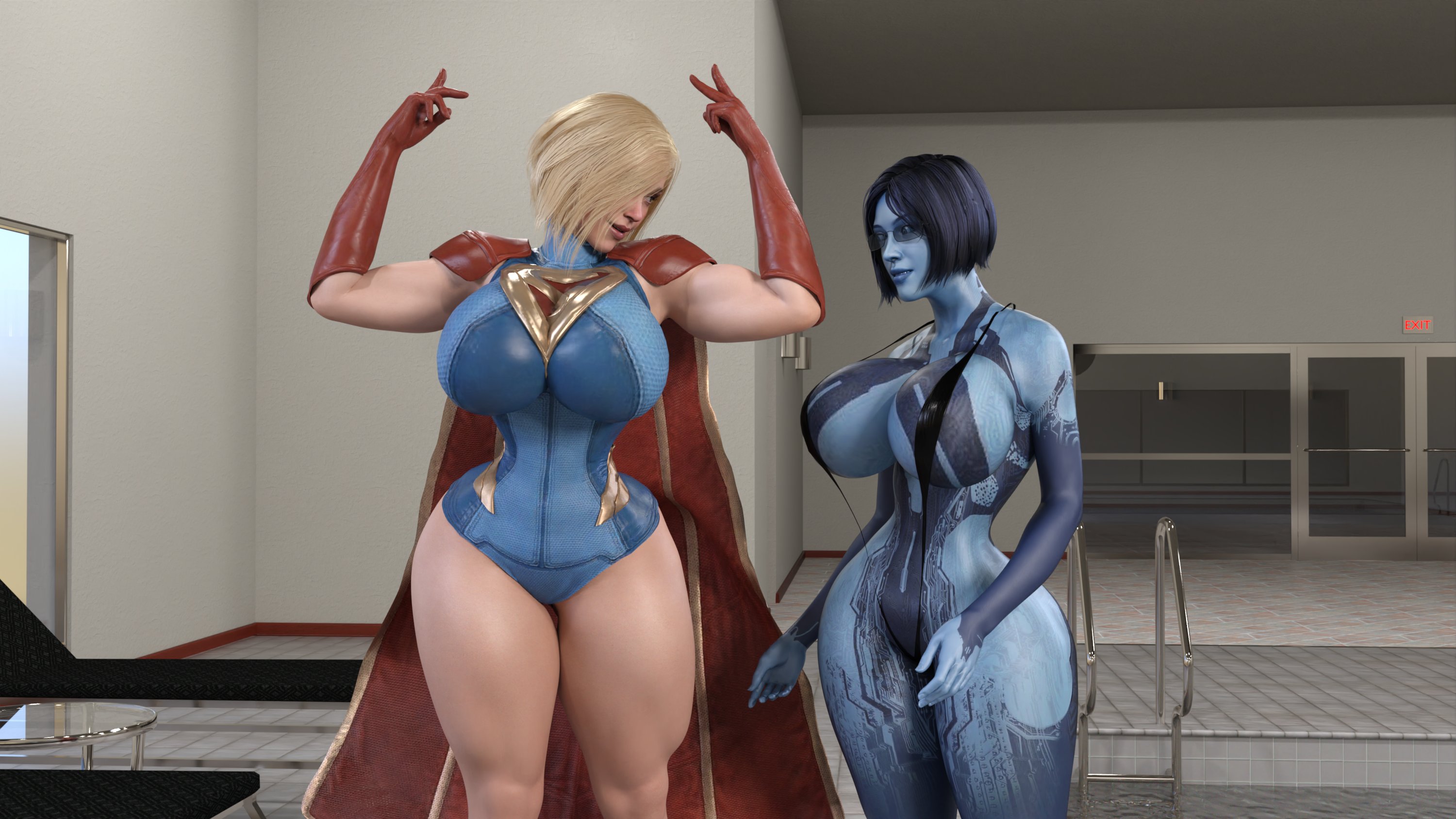 2girls, 3d, big breasts, blonde hair, blue skin, breasts, cortana, cosplay, crossover, dc, dc comics, female, female only, halo (series), huge breasts, hyper breasts, injustice 2, kara zor-l, karen starr, large breasts, multiple females, multiple girls, notoriouscrs, power girl, power girl (injustice), supergirl (cosplay), superman (series), swimwear, thick thighs