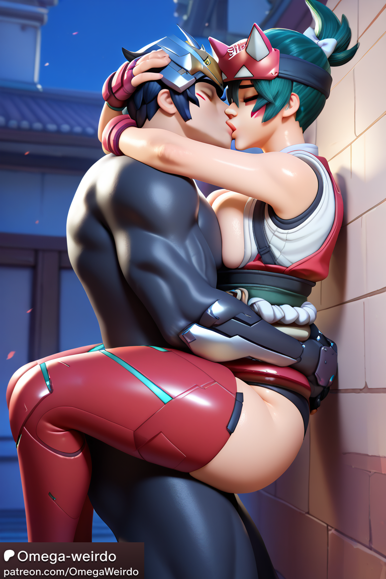 ai_generated deep_kissing embracing green_hair headband kiriko_(overwatch) kissing omega-weirdo overwatch patreon pressing_breasts thighhighs wall_sex