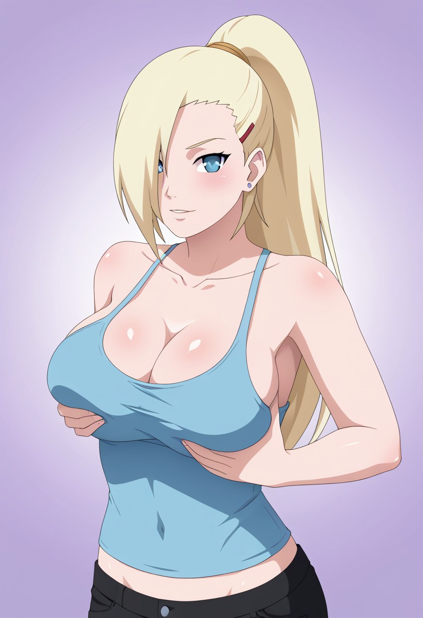 ai_generated arms_on_breasts big_breasts blonde_hair blue_eyes civitai grabbing_own_breast hair_over_one_eye ino_yamanaka jeans large_breasts long_hair naruto naruto_(series) naruto_shippuden ponytail tank_top tanktop