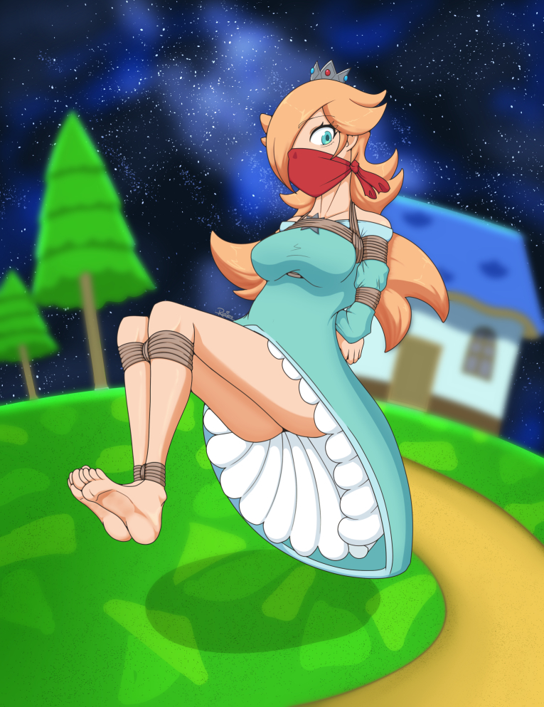 aqua_dress arms_behind_back bare_shoulders barefoot blonde_hair blue_eyes bondage crown dress floating gag hair_over_one_eye legs long_dress nintendo otn_gag red_gag rope_bondage rosalina rosalina_(mario) rosierosa super_mario_bros. super_mario_galaxy white_skin