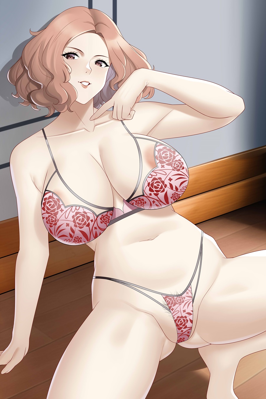 1girls aslindsamure big_breasts breasts brown_eyes brown_hair female female_only haru_okumura huge_breasts large_breasts lingerie megami_tensei persona persona_5