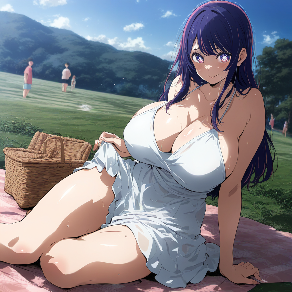 1girls ai_generated big_breasts breasts female female_focus hoshino_ai huge_breasts large_breasts light-skinned_female long_hair looking_at_viewer mature_female milf oshi_no_ko purple_eyes purple_hair star_eyes thighs white_dress