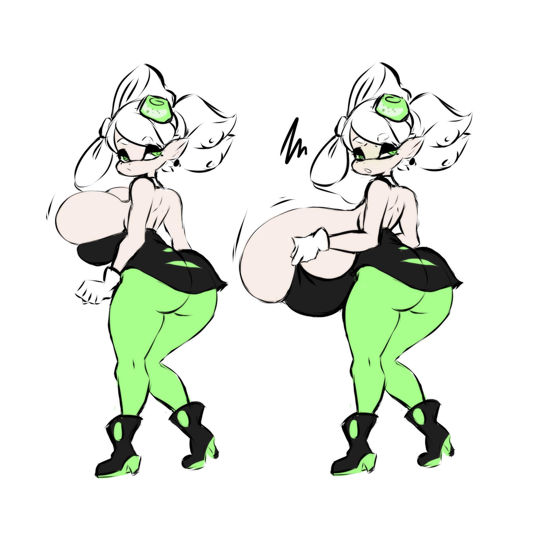 1girls, alternate breast size, backboob, big breasts, breast expansion, breast growth, breast growth (enlargement), breasts, breasts bigger than head, dullvivid, expansion, female, huge breasts, inkling, inkling girl, marie (splatoon), nintendo, nipples, splatoon, squid sisters, white background