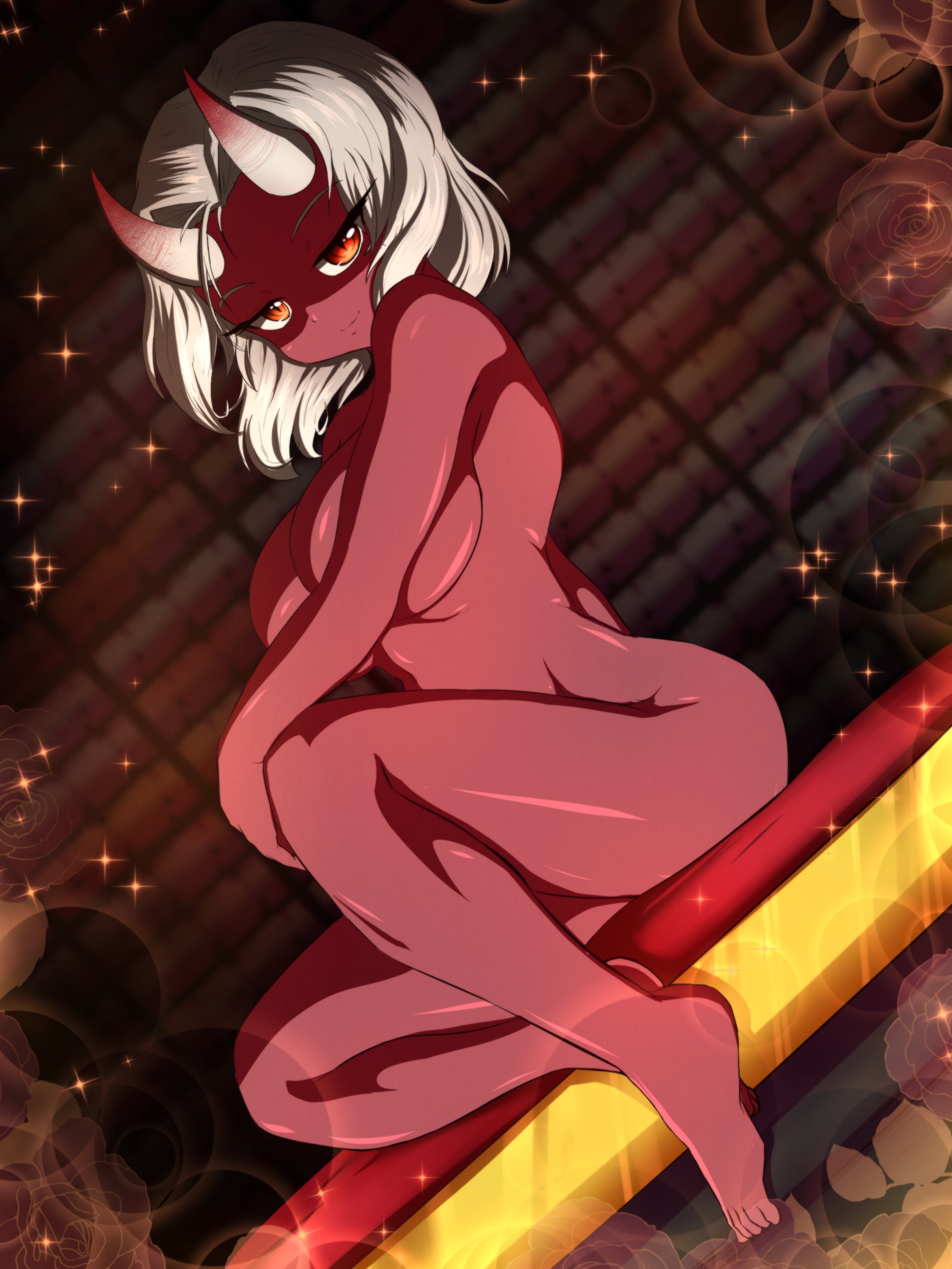 1girls, 2024, bed, bedroom, big breasts, breasts, calamitas, calamity mod, demon, demon girl, female, female focus, female only, flower, flowers, grey skin, hi res, horns, hskarletjewel, orange eyes, short hair, side view, sitting, smile, smiling, sparkles, terraria, thighs, white hair