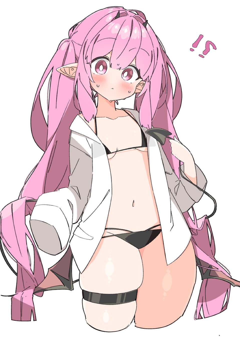 !? ?! black_bikini demon_horns demon_tail demon_wings hatsune_miku hip_wings horns pink_hair pointy_ears skindentation tail thick_thighs thighs uruti_2388 vocaloid wings