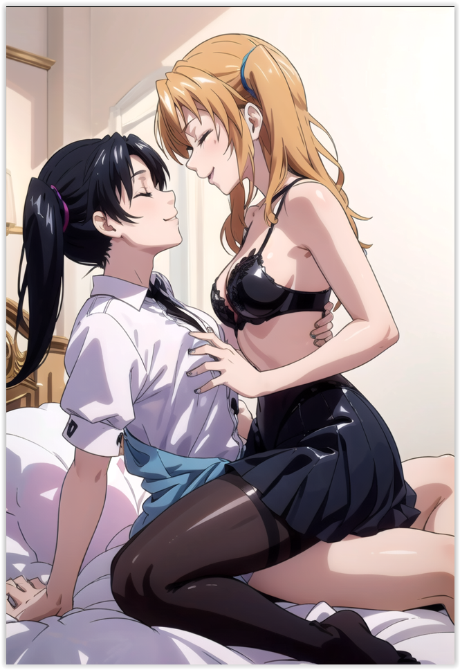 2females 2girls ai_generated bed bed_sheet black_bra black_necktie black_skirt bra girl_on_girl high_school_dxd lesbian_couple lesbian_domination lesbian_sex love lovers necktie pantyhose sapphic serafall_leviathan shidou_irina skirt yuri