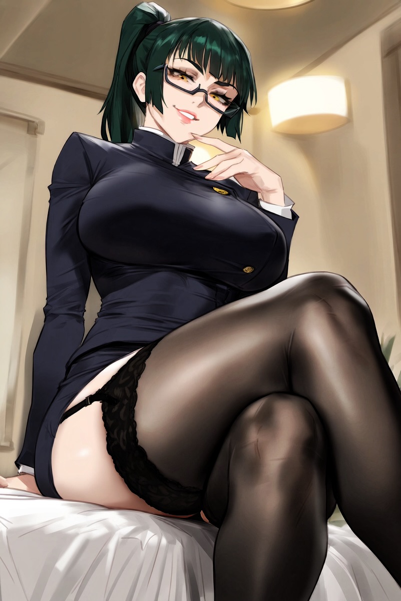 ai generated, ass, big ass, big breasts, big butt, breasts, dark green hair, dark hair, female, female focus, female only, femdom, fit, fit female, from below, garter straps, glasses, huge breasts, jujutsu kaisen, legs crossed, looking down at viewer, low-angle view, mikayori, naughty face, naughty smile, ponytail, school uniform, shiny skin, smirk, smirking, smirking at viewer, smooth skin, thick thighs, yellow eyes, zenin maki
