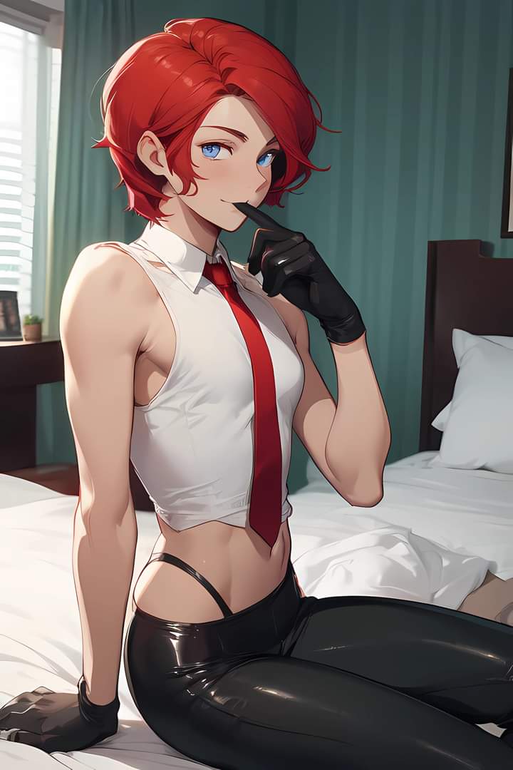 1boy ai_generated androgynous crossdressing femboy femboy_focus genderswap_(ftm) gloves king_of_fighters leggings navel red_hair rule_63 short_hair sitting sleeveless_shirt smile snk trap vanessa_(kof) yaoi