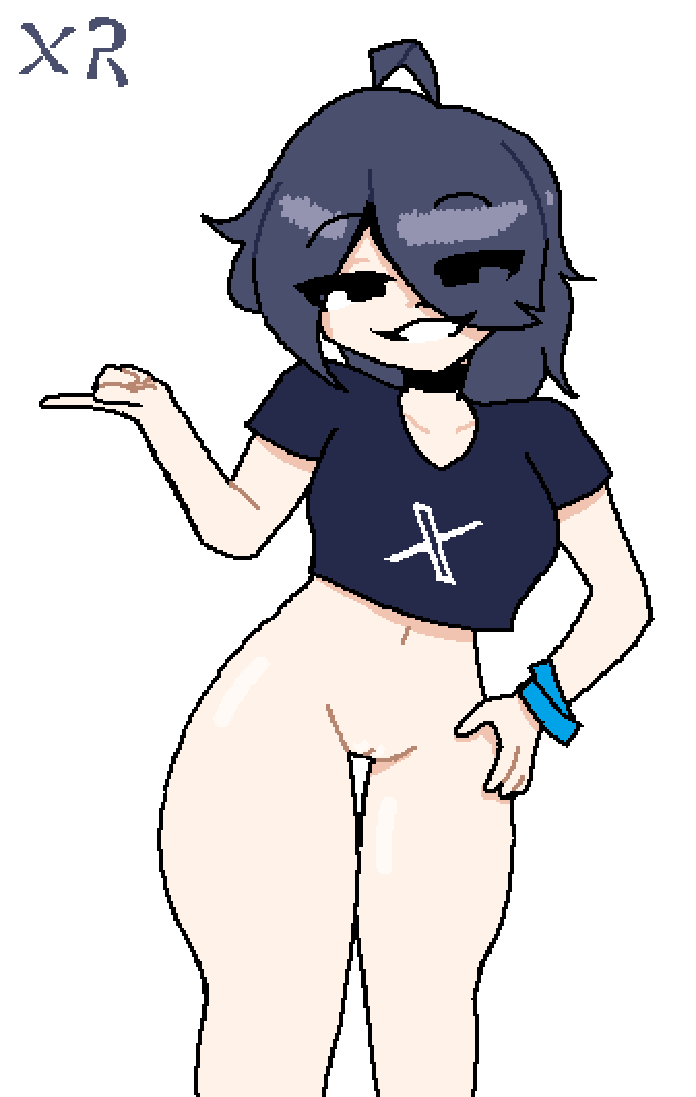 black_hair bottomless choker crop_top goth imxr24 ms_paint original_character pussy smug uncensored x_(social_media)