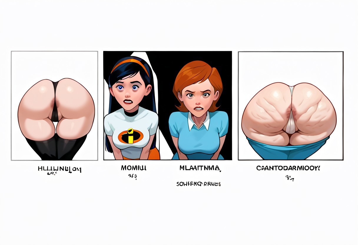 2girls, ai generated, anus, anus peek, ass, ass comparison, big ass, bottomless, bubble butt, cellulite, disney, fat, fat ass, fat ass mommy, female, female only, helen parr, human, lard ass, large anus, milf, mother and daughter, multiple females, multiple girls, pixar, pixar mom, size difference, superheroine, teenager, the incredibles, thick, thigh gap, thong, thong over anus, violet parr, wide ass