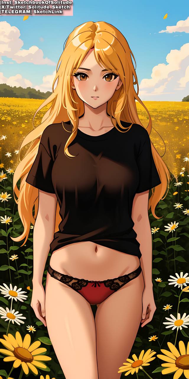 ai_generated ai_hands anime anime_style black_shirt brown_eyes female female_human female_only girl girls only_female only_girl red_panties soli_sketch yellow_hair