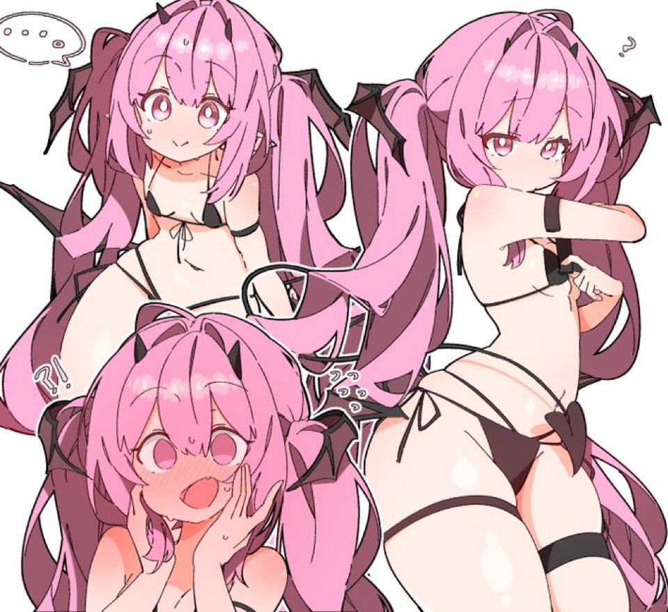 ... ? ?! belly bikini demon_horns demon_tail demon_wings hatsune_miku head_wings hip_wings horns pink_hair pointy_ears shocked shy sweating tail thighs uruti_2388 vocaloid wings