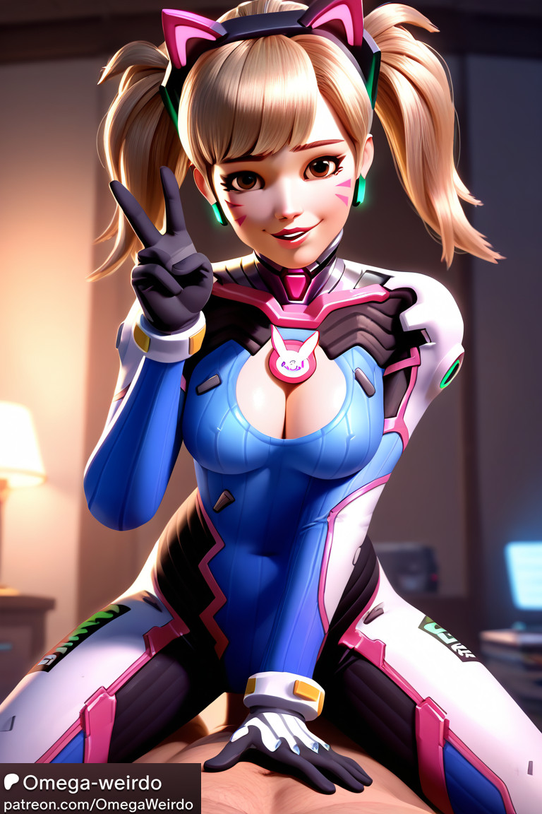 1girl1boy ai_generated black_cat_d.va blonde_hair bodysuit cat_ears cleavage d.va overwatch patreon peace_sign smile straddling twintails whisker_markings