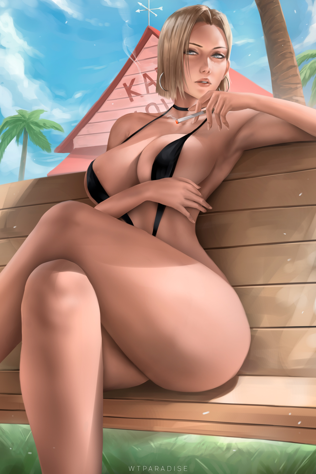 android_18 armpits beach beach_chair bench bikini black_one-piece_swimsuit black_swimsuit blonde_hair blue_eyes blue_sky breasts choker cigarette cleavage clothing cloud crossed_legs day dragon_ball earrings female female_only holding holding_cigarette jewelry large_breasts lips looking_at_viewer nose one-piece_swimsuit outdoors palm_tree parted_lips realistic short_hair sitting sky smoking solo swimsuit thick_thighs thighs tree wtparadise