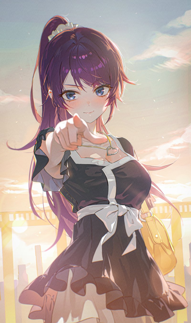 1girls bakemonogatari beautiful_background beautiful_female blue_eyes blush blush cute cute_expression cute_face cute_girl dress gaze hairwear high_ponytail long_hair love medium_breasts monogatari_(series) pointing pointing_at_another pointing_at_viewer ponytail purple_hair seductive_gaze senjougahara_hitagi sunset tokkyu violet_hair wholesome