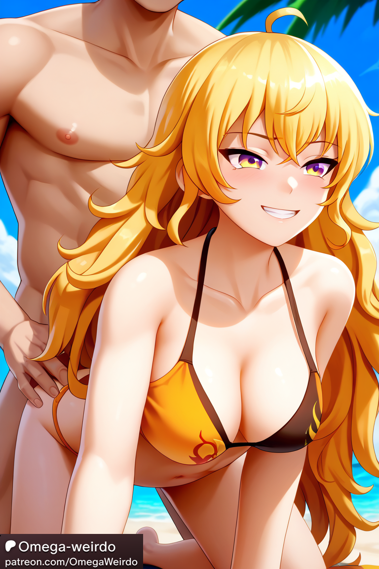 ai_generated beach bikini blonde_hair cheating doggy_style jaune_arc long_hair multicolored_eyes omega-weirdo patreon rwby smile vaginal_penetration vaginal_sex yang_xiao_long yellow_eyes