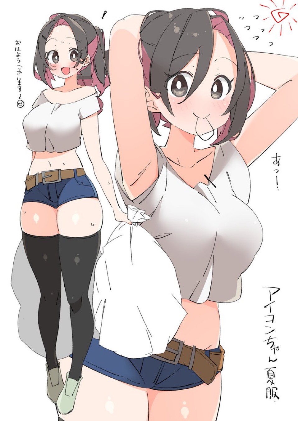 ! armpit armpits arms_up belly belly_button belt big_breasts breasts character_request copyright_request navel short_shorts shorts sweat sweatdrop tying_hair uruti_2388