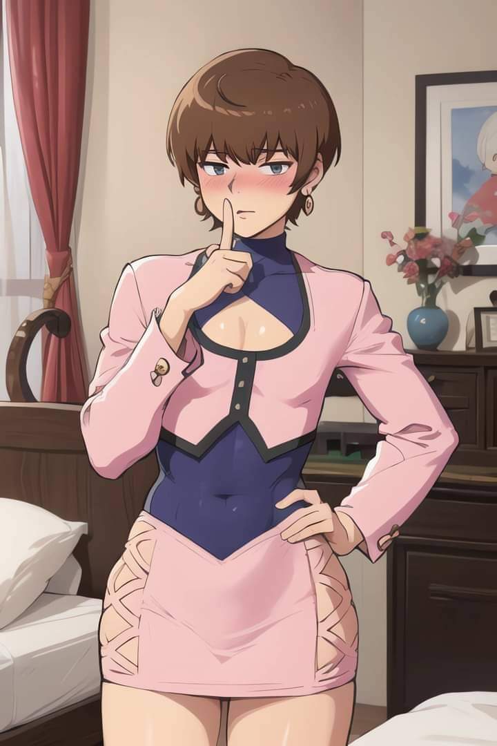 1boy ai_generated androgynous brown_hair chris_(king_of_fighters) cosplay crossdressing femboy femboy_focus finger_to_mouth genderswap_(ftm) king_of_fighters male male_focus male_only miniskirt pink_outfit rule_63 shermie_(cosplay) shermie_(kof) short_hair trap yaoi