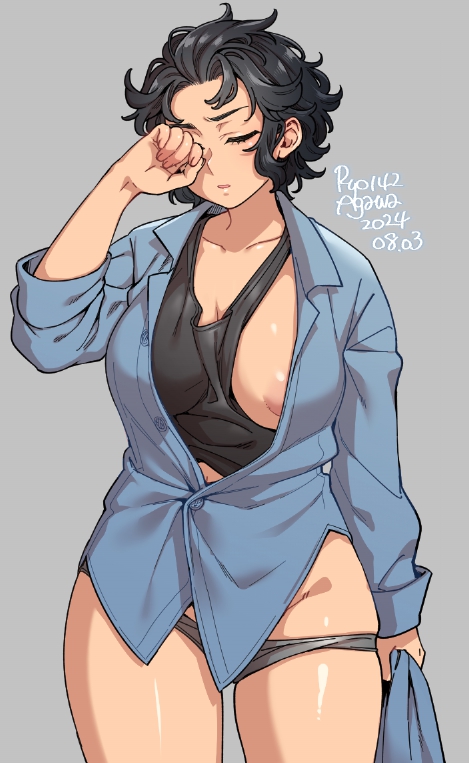 areola_slip black_hair breasts_out collarbone covered_nipples exposed_breast exposed_thighs large_breasts medium_hair messy_clothing panties_down ryo_agawa tagme thighs tired