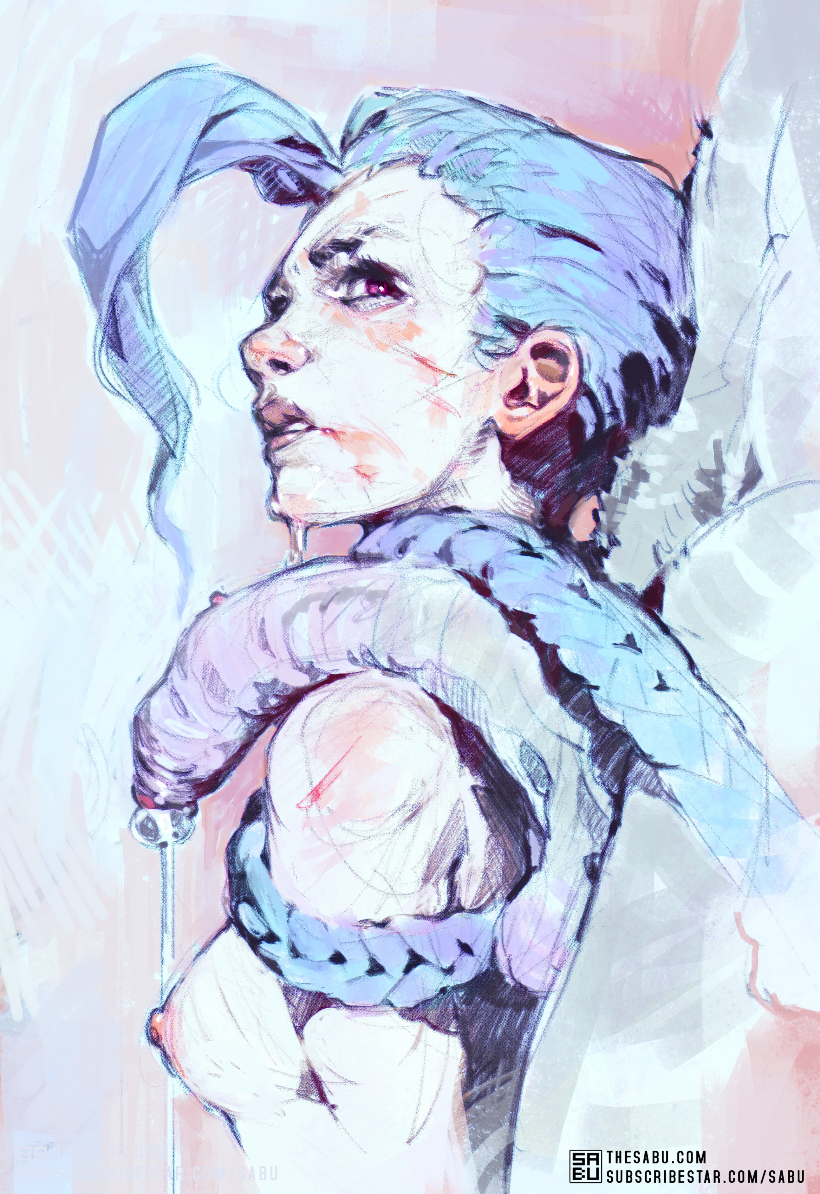 1boy, 1girls, after fellatio, after sex, arcane, arcane jinx, areola, areolae, balls, big balls, big breasts, big penis, blood on face, blood stain, breasts, completely naked, completely nude, female, female focus, jinx (league of legends), league of legends, light skin, light-skinned female, light-skinned male, male, massive penis, nude, nude female, nude male, penis, penis resting on shoulder, rape, raped, riot games, sabudenego, veiny penis, wide hips
